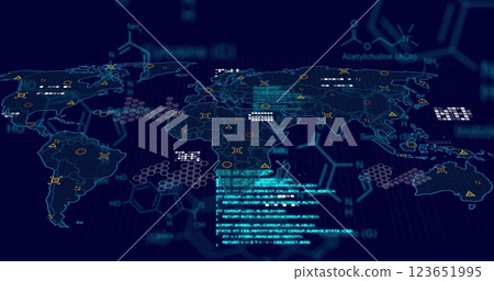 Image of scientific data processing and world map over dark background 123651995