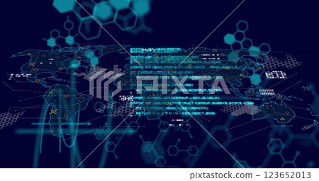 Image of scientific data processing and world map over dark background Image of scientific data processing and world map over dark background 123652013