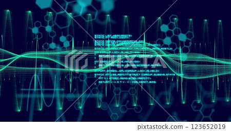 Image of scientific data processing and connections over dark background 123652019