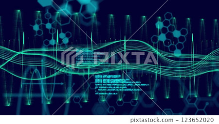 Image of scientific data processing and connections over dark background 123652020