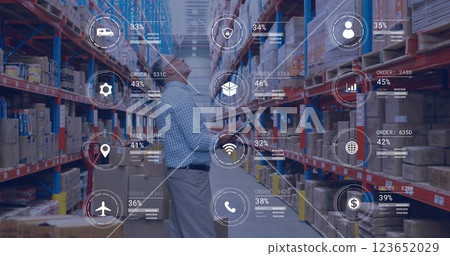 Image of icons and data processing over caucasian man working in warehouse 123652029