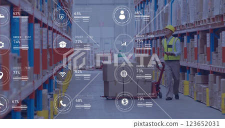Image of icons and data processing over caucasian man working in warehouse 123652031