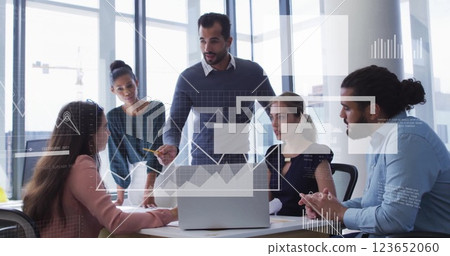 Image of data processing and diagrams over diverse colleagues discussing work in office Image of data processing and diagrams over diverse colleagues discussing work in office 123652060