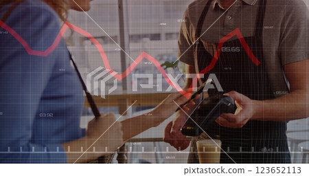 Image of financial data processing over diverse people paying with smartphone 123652113