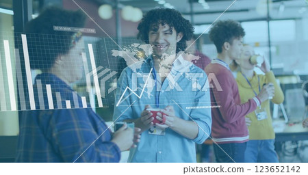 Image of financial data processing over diverse business people in office 123652142