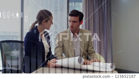 Image of financial data processing over diverse business people in office 123652187