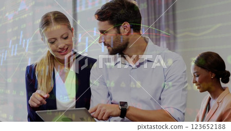 Image of financial data processing over diverse business people in office 123652188