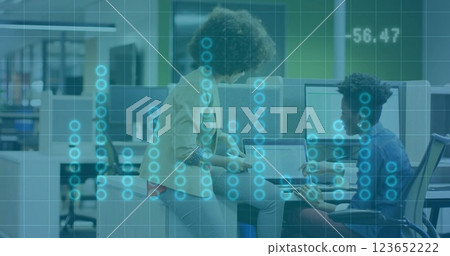 Image of financial data processing over diverse business people in office Image of financial data processing over diverse business people in office 123652222