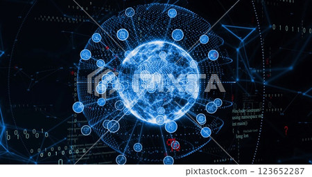 Image of connections and digital data processing over globe on dark background 123652287