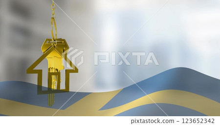 Image of silver house key over flag of sweden and buildings 123652342