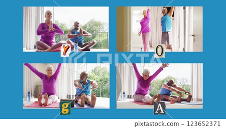 Image of four frames with senior diverse couple practicing yoga at home on blue background 123652371