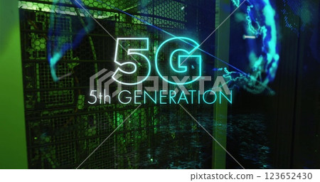Image of 5g 5th generation and digital data processing with globe over computer servers Image of 5g 5th generation and digital data processing with globe over computer servers 123652430