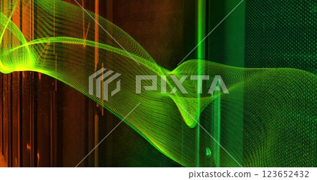 Image of green mesh and digital data processing over computer servers 123652432