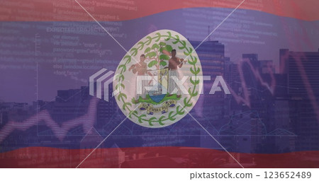 Image of flag of belize with data processing over cityscape 123652489