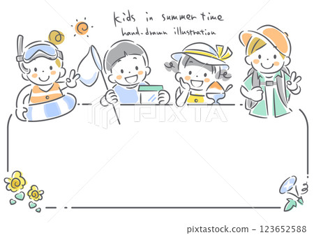 孩子們享受夏天：可愛的手繪線描插圖 123652588