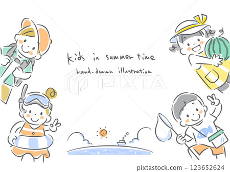 Children enjoying summer: cute hand-drawn line drawing illustration 123652624