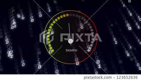 Image of speedometer over data processing on black background Image of speedometer over data processing on black background 123652636