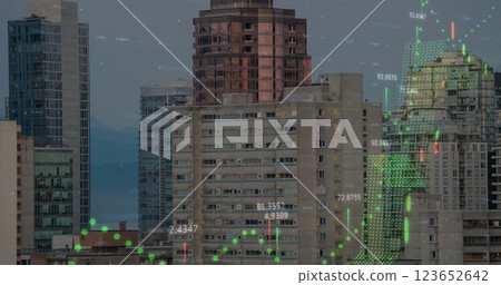 Image of financial data processing over cityscape Image of financial data processing over cityscape 123652642