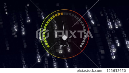 Image of speedometer over data processing on black background 123652650