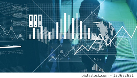 Image of diagrams and data processing over biracial male worker in server room 123652651