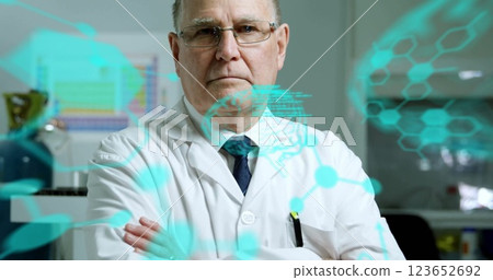 Image of scientific data processing over caucasian male scientist in laboratory 123652692