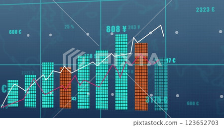 Image of financial data processing and statistics over blue background Image of financial data processing and statistics over blue background 123652703