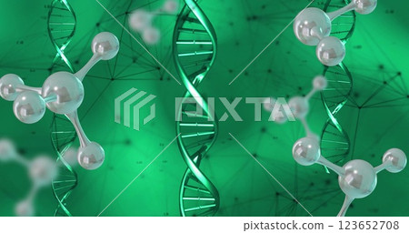 Image of dna strand spinning and data with connections on green background 123652708