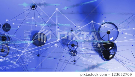 Image of dna strand spinning and data with connections on purple background 123652709