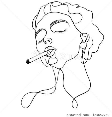 minimalist line drawing of woman smoking cigarette, showcasing elegance and calmness. artwork captures moment of introspection and style 123652760