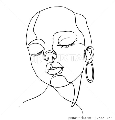 minimalist line drawing of serene woman with closed eyes, showcasing elegance and simplicity. artwork features prominent earring and smooth facial contours, evoking sense of calm 123652768