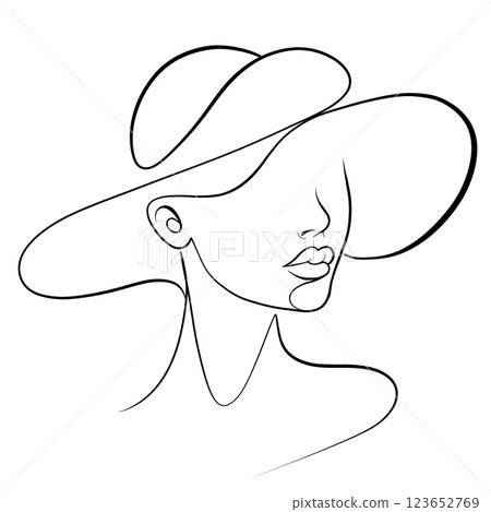 minimalist line drawing of woman wearing large hat, showcasing elegance and simplicity. artwork captures essence of beauty and style through its clean lines and graceful form 123652769