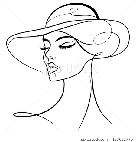Elegant line art of woman wearing wide brimmed hat, showcasing beauty and grace. minimalist design highlights facial features and hat shape 123652770