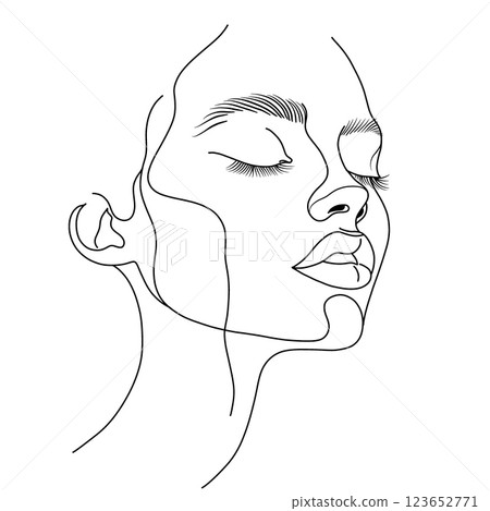 Minimalist line art of woman face with closed eyes and serene expression 123652771