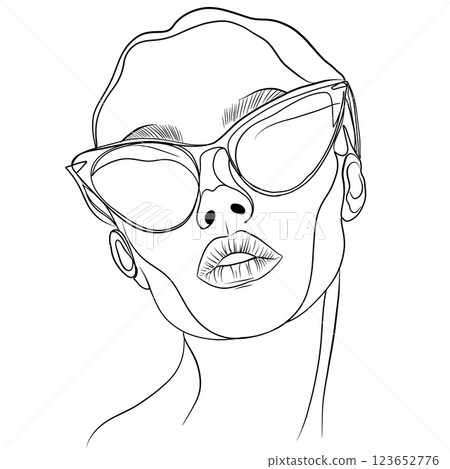 minimalist line art illustration of woman wearing oversized sunglasses, showcasing elegance and style. design emphasizes facial features and fashion minimalist line art illustration of woman wearing oversized sunglasses, showcasing elegance and style. design emphasizes facial features and fashion 123652776