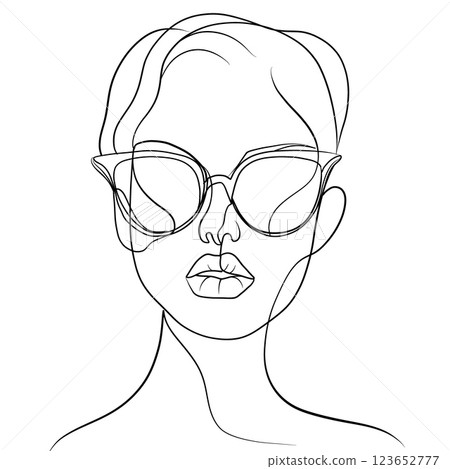 Minimalist line art portrait of woman wearing stylish sunglasses, showcasing elegance and modernity. simplicity of design highlights beauty and fashion 123652777