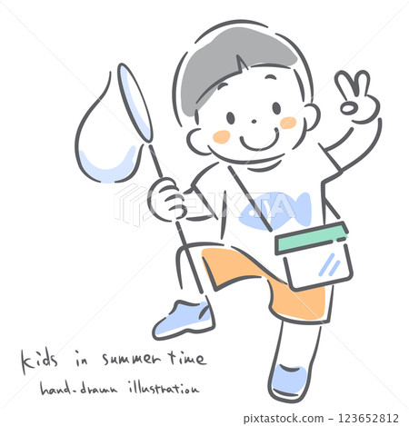 Children enjoying summer: cute hand-drawn line drawing illustration 123652812