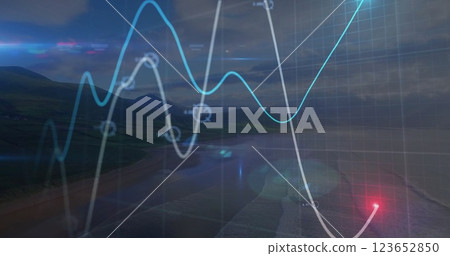 Graph with fluctuating lines and data points image over coastal landscape 123652850