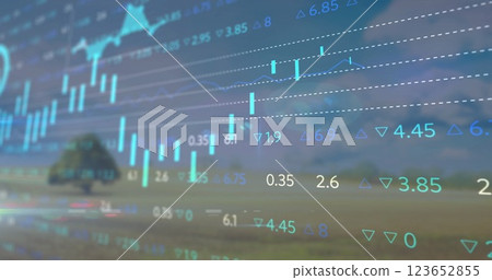 Financial data and stock market analysis image over outdoor landscape 123652855