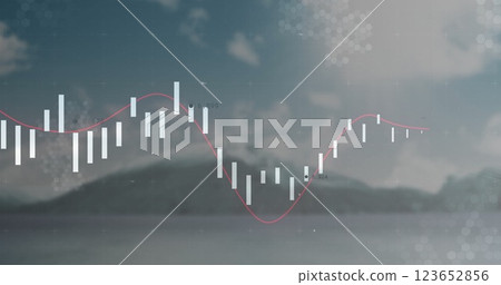 Financial data chart image over scenic mountain and lake background 123652856