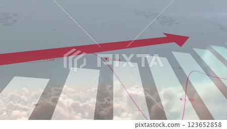 Red arrow and line graph image over clouds and bar chart 123652858