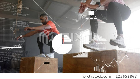 Image of data processing and diagrams over diverse sports people jumping on boxes at gym 123652868