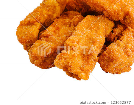 Crispy breaded chicken tenders isolated on white Crispy breaded chicken tenders isolated on white 123652877