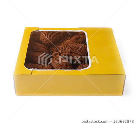 Chocolate butter cookies in yellow cardboard box with window Chocolate butter cookies in yellow cardboard box with window 123652878