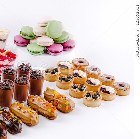 Delicious display of assorted pastries and desserts at a bakery 123652912