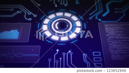 Image of scope scanning with data processing over computer circuit board on black background Image of scope scanning with data processing over computer circuit board on black background 123652948