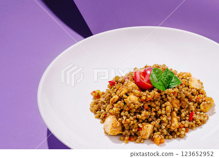 Delicious chicken and quinoa bowl prepared with fresh ingredients Delicious chicken and quinoa bowl prepared with fresh ingredients 123652952