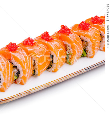 Delicious sushi platter with fresh salmon and roe on display Delicious sushi platter with fresh salmon and roe on display 123652955