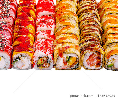 Colorful selection of sushi rolls on a white background Colorful selection of sushi rolls on a white background 123652985