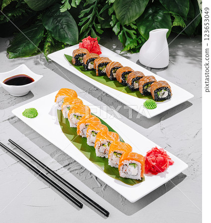Delicious sushi platter with vibrant colors and fresh ingredients 123653049