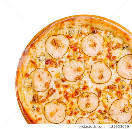 Delicious pizza topped with pear slices and walnuts Delicious pizza topped with pear slices and walnuts 123653069